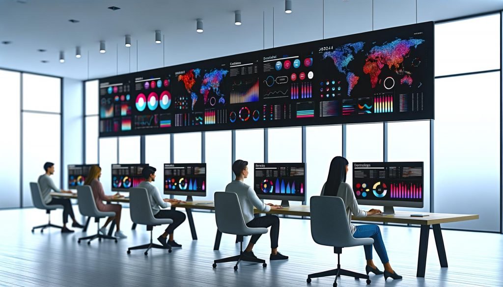 Diverse Digital-Marketing-Expert:innen analysieren große Dashboards mit bunten Grafiken und Echtzeitdaten in einem minimalistischen, modernen Büro.