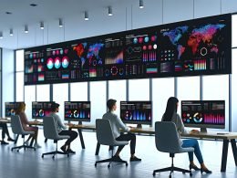 Diverse Digital-Marketing-Expert:innen analysieren große Dashboards mit bunten Grafiken und Echtzeitdaten in einem minimalistischen, modernen Büro.