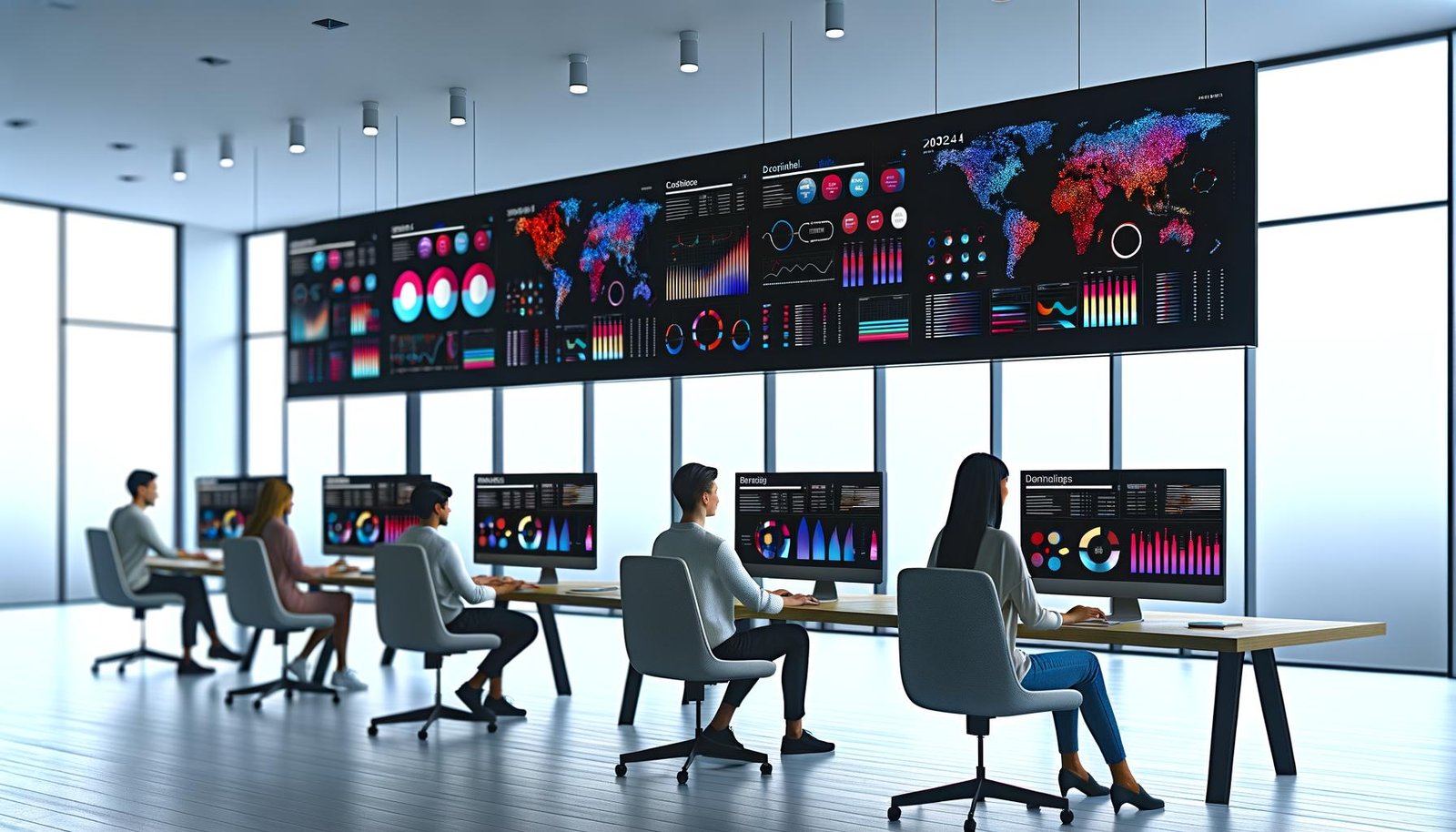 Diverse Digital-Marketing-Expert:innen analysieren große Dashboards mit bunten Grafiken und Echtzeitdaten in einem minimalistischen, modernen Büro.