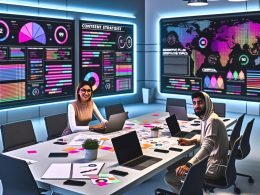 Zwei junge Content-Strategen an einem modernen Arbeitstisch mit Laptops und Daten-Visualisierungen auf großen Monitoren in einem Hightech-Büro.