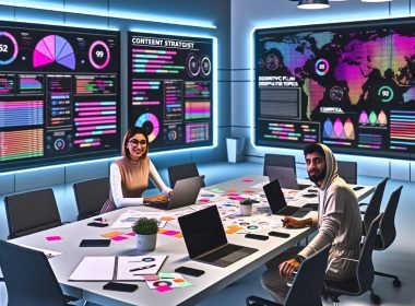 Zwei junge Content-Strategen an einem modernen Arbeitstisch mit Laptops und Daten-Visualisierungen auf großen Monitoren in einem Hightech-Büro.