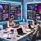 Zwei junge Content-Strategen an einem modernen Arbeitstisch mit Laptops und Daten-Visualisierungen auf großen Monitoren in einem Hightech-Büro.