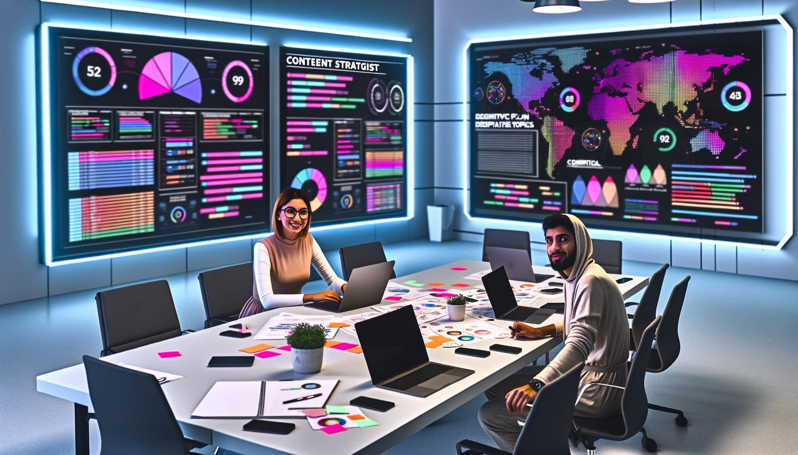 Zwei junge Content-Strategen an einem modernen Arbeitstisch mit Laptops und Daten-Visualisierungen auf großen Monitoren in einem Hightech-Büro.