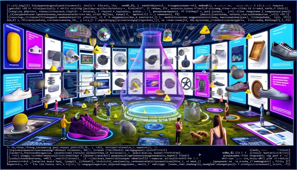 Futuristische digitale Umgebung mit schwebenden 3D-Werbeanzeigen, VR-Elementen, und Menschen, die mit Produkten interagieren – unterstützt von Logos wie WebGL, Three.js und ARKit.