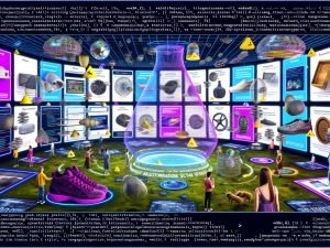 Futuristische digitale Umgebung mit schwebenden 3D-Werbeanzeigen, VR-Elementen, und Menschen, die mit Produkten interagieren – unterstützt von Logos wie WebGL, Three.js und ARKit.