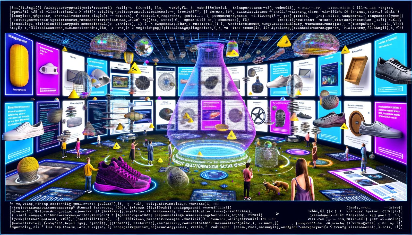 Futuristische digitale Umgebung mit schwebenden 3D-Werbeanzeigen, VR-Elementen, und Menschen, die mit Produkten interagieren – unterstützt von Logos wie WebGL, Three.js und ARKit.