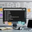 Moderner Marketing-Arbeitsplatz mit Bildschirm, der UTM-Parameter anzeigt, sowie Notizbuch, Kaffee, Post-Its und Whiteboard mit Traffic-Skizzen im Hintergrund.