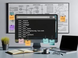 Moderner Marketing-Arbeitsplatz mit Bildschirm, der UTM-Parameter anzeigt, sowie Notizbuch, Kaffee, Post-Its und Whiteboard mit Traffic-Skizzen im Hintergrund.