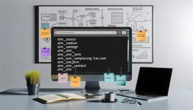 Moderner Marketing-Arbeitsplatz mit Bildschirm, der UTM-Parameter anzeigt, sowie Notizbuch, Kaffee, Post-Its und Whiteboard mit Traffic-Skizzen im Hintergrund.