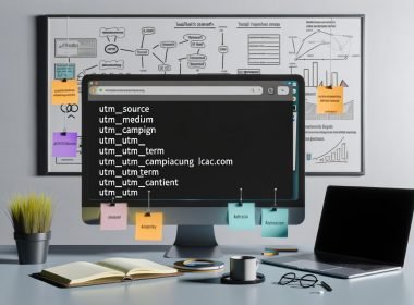 Moderner Marketing-Arbeitsplatz mit Bildschirm, der UTM-Parameter anzeigt, sowie Notizbuch, Kaffee, Post-Its und Whiteboard mit Traffic-Skizzen im Hintergrund.
