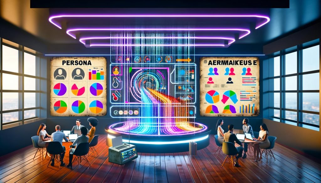 Ein modernes Büro im Jahr 2025 mit Marketer-Team vor einem digitalen Dashboard voller Datenvisualisierungen, während im Hintergrund verblasste Persona-Poster und ein altes Faxgerät zu sehen sind.
