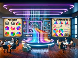 Ein modernes Büro im Jahr 2025 mit Marketer-Team vor einem digitalen Dashboard voller Datenvisualisierungen, während im Hintergrund verblasste Persona-Poster und ein altes Faxgerät zu sehen sind.