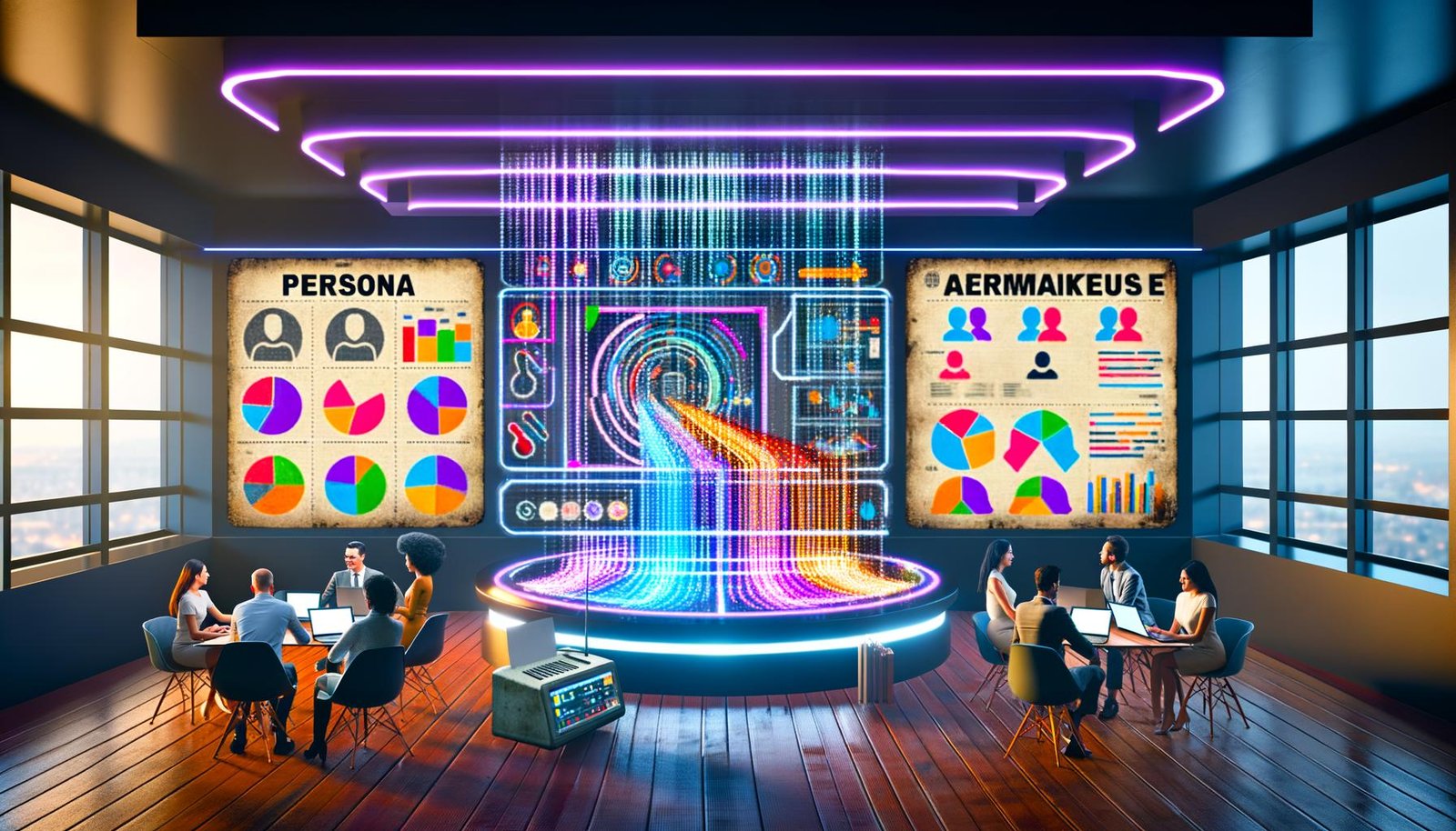 Ein modernes Büro im Jahr 2025 mit Marketer-Team vor einem digitalen Dashboard voller Datenvisualisierungen, während im Hintergrund verblasste Persona-Poster und ein altes Faxgerät zu sehen sind.