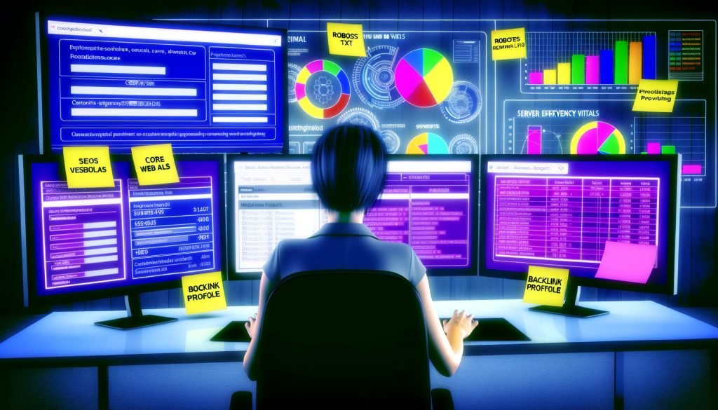SEO-Profi analysiert technische Daten auf mehreren Bildschirmen mit Crawl-Report, Web Vitals und Server-Statistiken, umgeben von Notizzetteln und Diagrammen im modernen Büro.