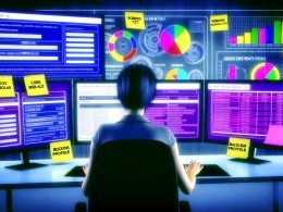 SEO-Profi analysiert technische Daten auf mehreren Bildschirmen mit Crawl-Report, Web Vitals und Server-Statistiken, umgeben von Notizzetteln und Diagrammen im modernen Büro.