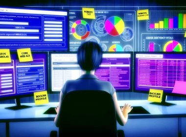 SEO-Profi analysiert technische Daten auf mehreren Bildschirmen mit Crawl-Report, Web Vitals und Server-Statistiken, umgeben von Notizzetteln und Diagrammen im modernen Büro.