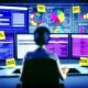 SEO-Profi analysiert technische Daten auf mehreren Bildschirmen mit Crawl-Report, Web Vitals und Server-Statistiken, umgeben von Notizzetteln und Diagrammen im modernen Büro.