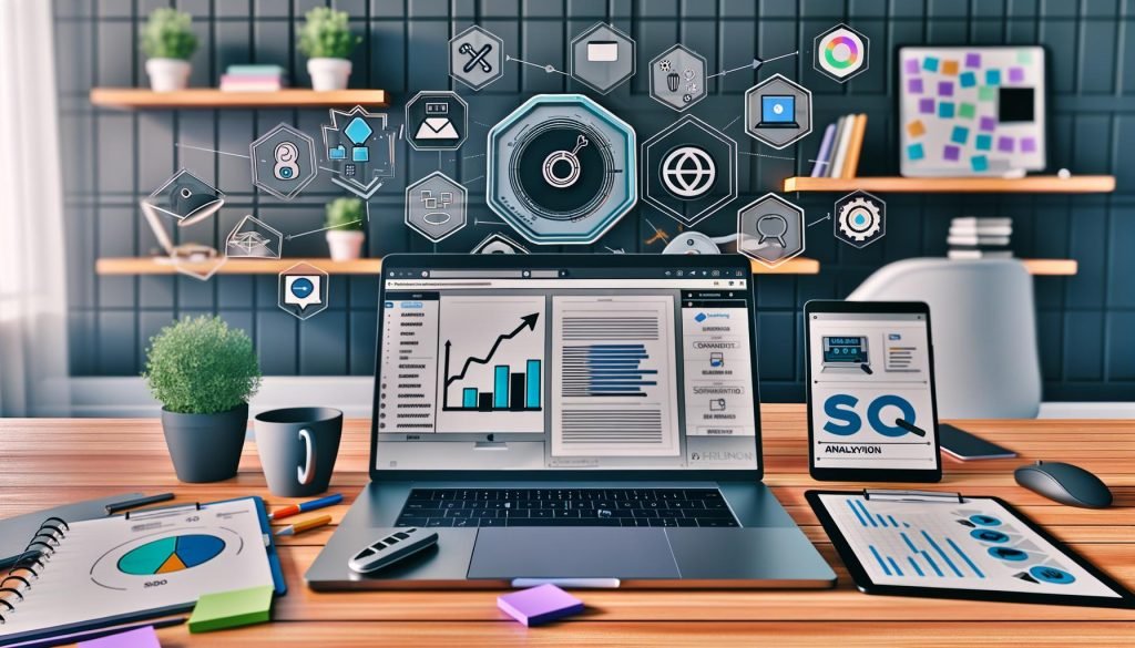 Modernes Home Office mit Laptop, Monitor mit Content-Planungs-Tool, Tablet mit SEO-Grafik, Smartphone mit Social-Media-Icons sowie Checklisten und Post-its, umgeben von digitalen Illustrationen zu Content, SEO, Analytics, Social Distribution und Automation.