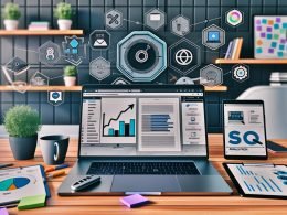 Modernes Home Office mit Laptop, Monitor mit Content-Planungs-Tool, Tablet mit SEO-Grafik, Smartphone mit Social-Media-Icons sowie Checklisten und Post-its, umgeben von digitalen Illustrationen zu Content, SEO, Analytics, Social Distribution und Automation.