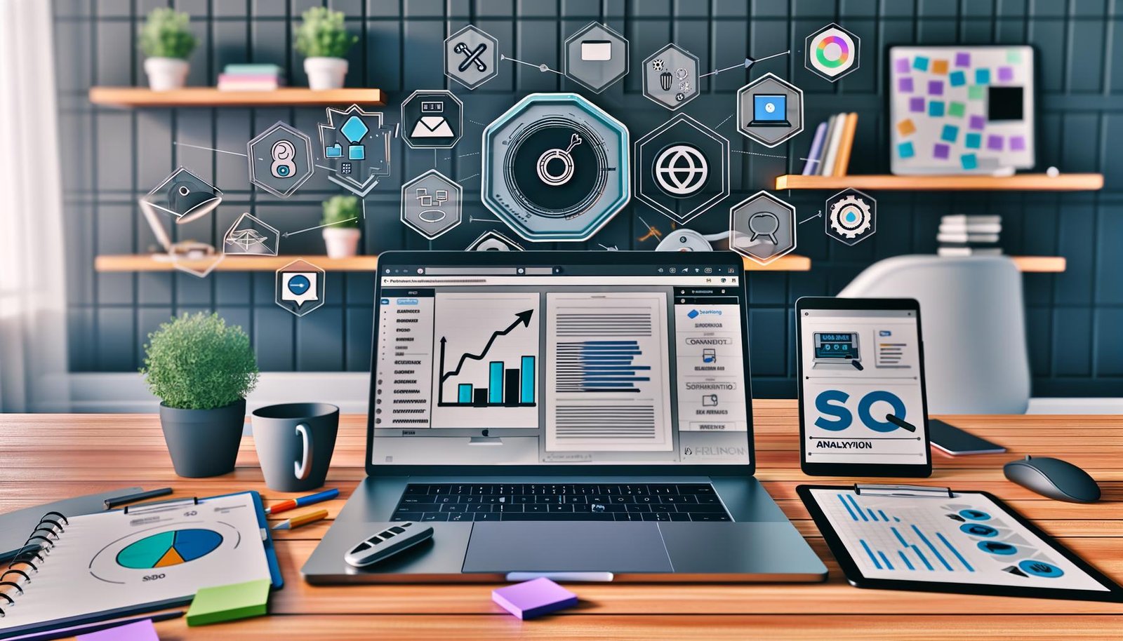Modernes Home Office mit Laptop, Monitor mit Content-Planungs-Tool, Tablet mit SEO-Grafik, Smartphone mit Social-Media-Icons sowie Checklisten und Post-its, umgeben von digitalen Illustrationen zu Content, SEO, Analytics, Social Distribution und Automation.