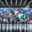 Entwickler und Marketer arbeiten in einem futuristischen XR-Büro mit Hologrammen, virtuellen Werbetafeln und leuchtenden Interfaces vor einem Stadtpanorama.