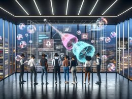 Entwickler und Marketer arbeiten in einem futuristischen XR-Büro mit Hologrammen, virtuellen Werbetafeln und leuchtenden Interfaces vor einem Stadtpanorama.