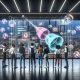 Entwickler und Marketer arbeiten in einem futuristischen XR-Büro mit Hologrammen, virtuellen Werbetafeln und leuchtenden Interfaces vor einem Stadtpanorama.