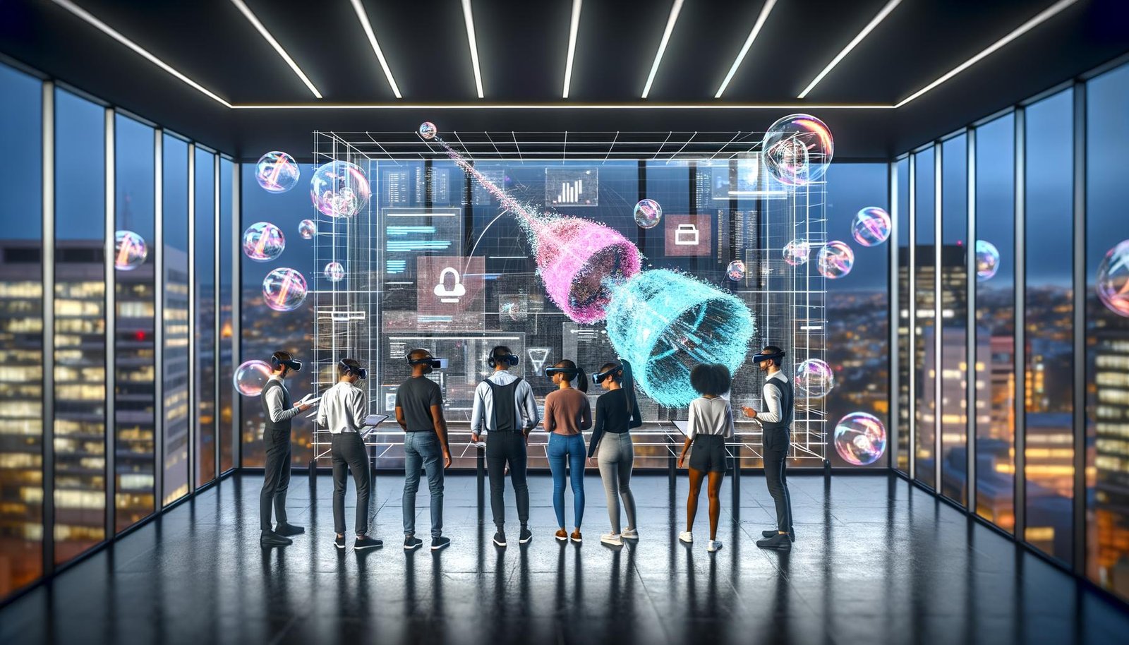 Entwickler und Marketer arbeiten in einem futuristischen XR-Büro mit Hologrammen, virtuellen Werbetafeln und leuchtenden Interfaces vor einem Stadtpanorama.