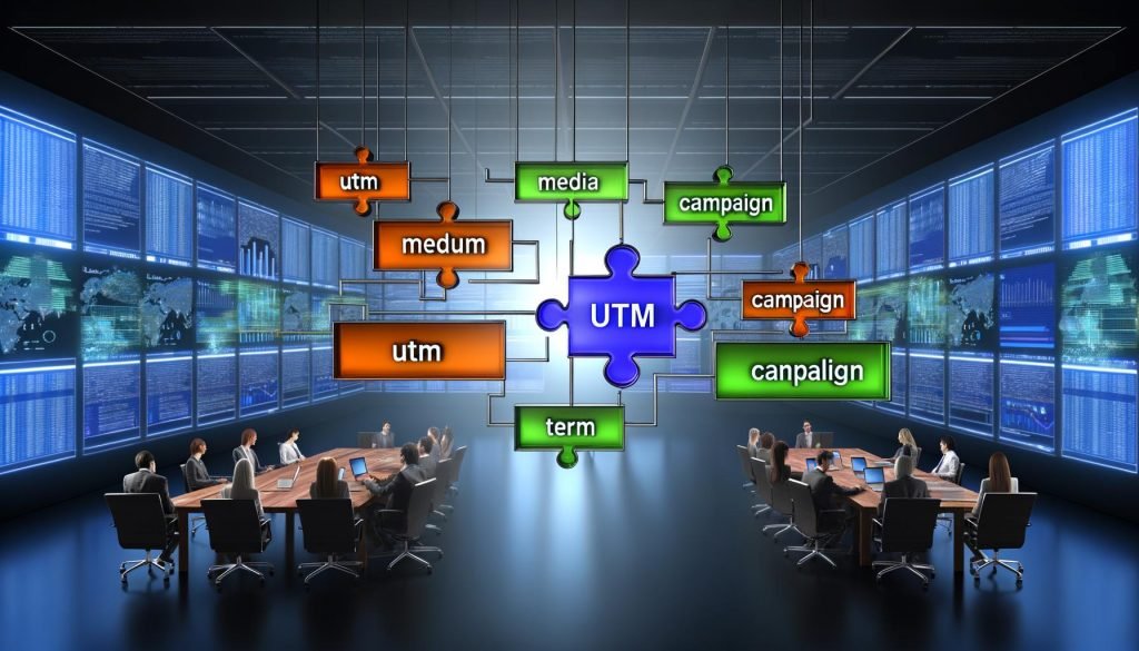 Modernes Büro mit digitalen Marketern, farblich hervorgehobene UTM-Parameter über einer leuchtenden URL, strukturierte Dashboards und Validierungs-Tools im Vordergrund, im Hintergrund unstrukturierte Datenströme.
