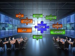 Modernes Büro mit digitalen Marketern, farblich hervorgehobene UTM-Parameter über einer leuchtenden URL, strukturierte Dashboards und Validierungs-Tools im Vordergrund, im Hintergrund unstrukturierte Datenströme.