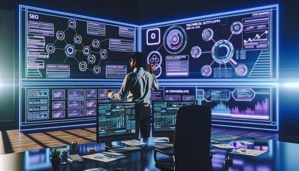 Futuristisches Newsroom mit Content-Strategin an interaktivem Display, digitalen Dashboards, Datenflows und holografischen Visualisierungen.