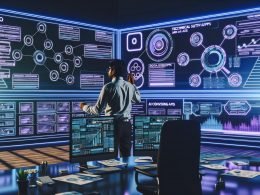Futuristisches Newsroom mit Content-Strategin an interaktivem Display, digitalen Dashboards, Datenflows und holografischen Visualisierungen.