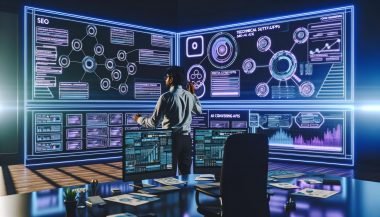 Futuristisches Newsroom mit Content-Strategin an interaktivem Display, digitalen Dashboards, Datenflows und holografischen Visualisierungen.