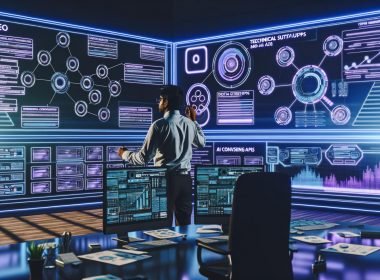Futuristisches Newsroom mit Content-Strategin an interaktivem Display, digitalen Dashboards, Datenflows und holografischen Visualisierungen.