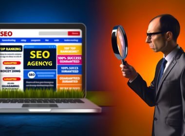 Split-Screen-Bild: Links glänzende SEO-Agentur-Webseiten auf Laptop und Smartphone, rechts ein skeptischer Mann in Business-Kleidung mit Lupe, im Hintergrund unscharfe Erfolgsversprechen.