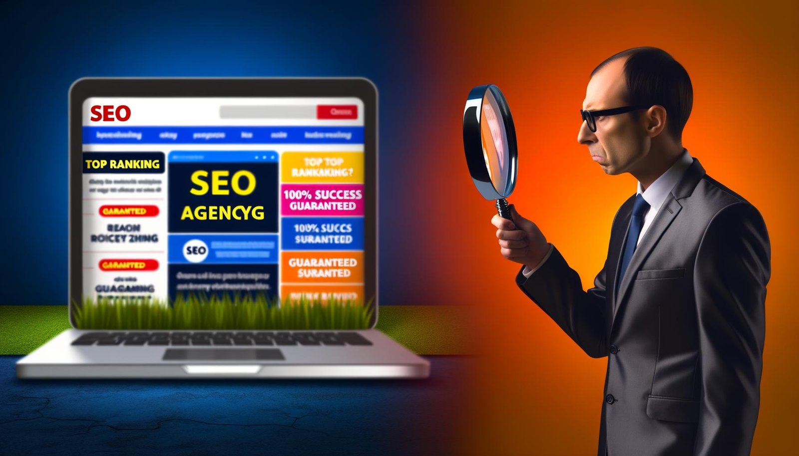 Split-Screen-Bild: Links glänzende SEO-Agentur-Webseiten auf Laptop und Smartphone, rechts ein skeptischer Mann in Business-Kleidung mit Lupe, im Hintergrund unscharfe Erfolgsversprechen.