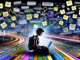 Junge Person arbeitet am Laptop, umgeben von Notizzetteln, SEO-Diagrammen und Mindmaps, mit visualisiertem Traffic, Keywordwolken und Rankingpfeilen im Hintergrund.