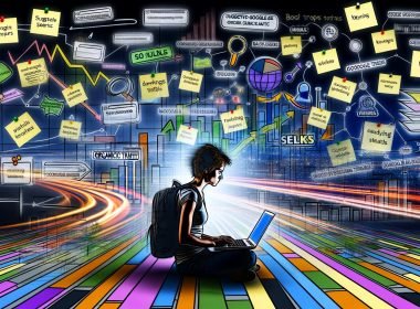 Junge Person arbeitet am Laptop, umgeben von Notizzetteln, SEO-Diagrammen und Mindmaps, mit visualisiertem Traffic, Keywordwolken und Rankingpfeilen im Hintergrund.
