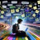 Junge Person arbeitet am Laptop, umgeben von Notizzetteln, SEO-Diagrammen und Mindmaps, mit visualisiertem Traffic, Keywordwolken und Rankingpfeilen im Hintergrund.
