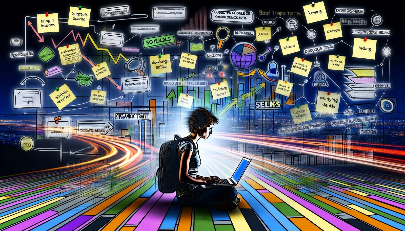 Junge Person arbeitet am Laptop, umgeben von Notizzetteln, SEO-Diagrammen und Mindmaps, mit visualisiertem Traffic, Keywordwolken und Rankingpfeilen im Hintergrund.