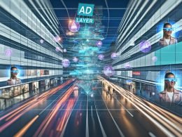Futuristische Großstadtszene mit dynamischen, transparenten Werbe-Overlays. Menschen mit Smart Glasses und VR-Headsets interagieren mit 3D-Anzeigen im urbanen Raum.