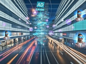 Futuristische Großstadtszene mit dynamischen, transparenten Werbe-Overlays. Menschen mit Smart Glasses und VR-Headsets interagieren mit 3D-Anzeigen im urbanen Raum.