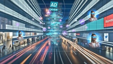 Futuristische Großstadtszene mit dynamischen, transparenten Werbe-Overlays. Menschen mit Smart Glasses und VR-Headsets interagieren mit 3D-Anzeigen im urbanen Raum.