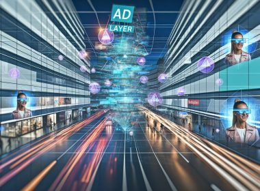 Futuristische Großstadtszene mit dynamischen, transparenten Werbe-Overlays. Menschen mit Smart Glasses und VR-Headsets interagieren mit 3D-Anzeigen im urbanen Raum.
