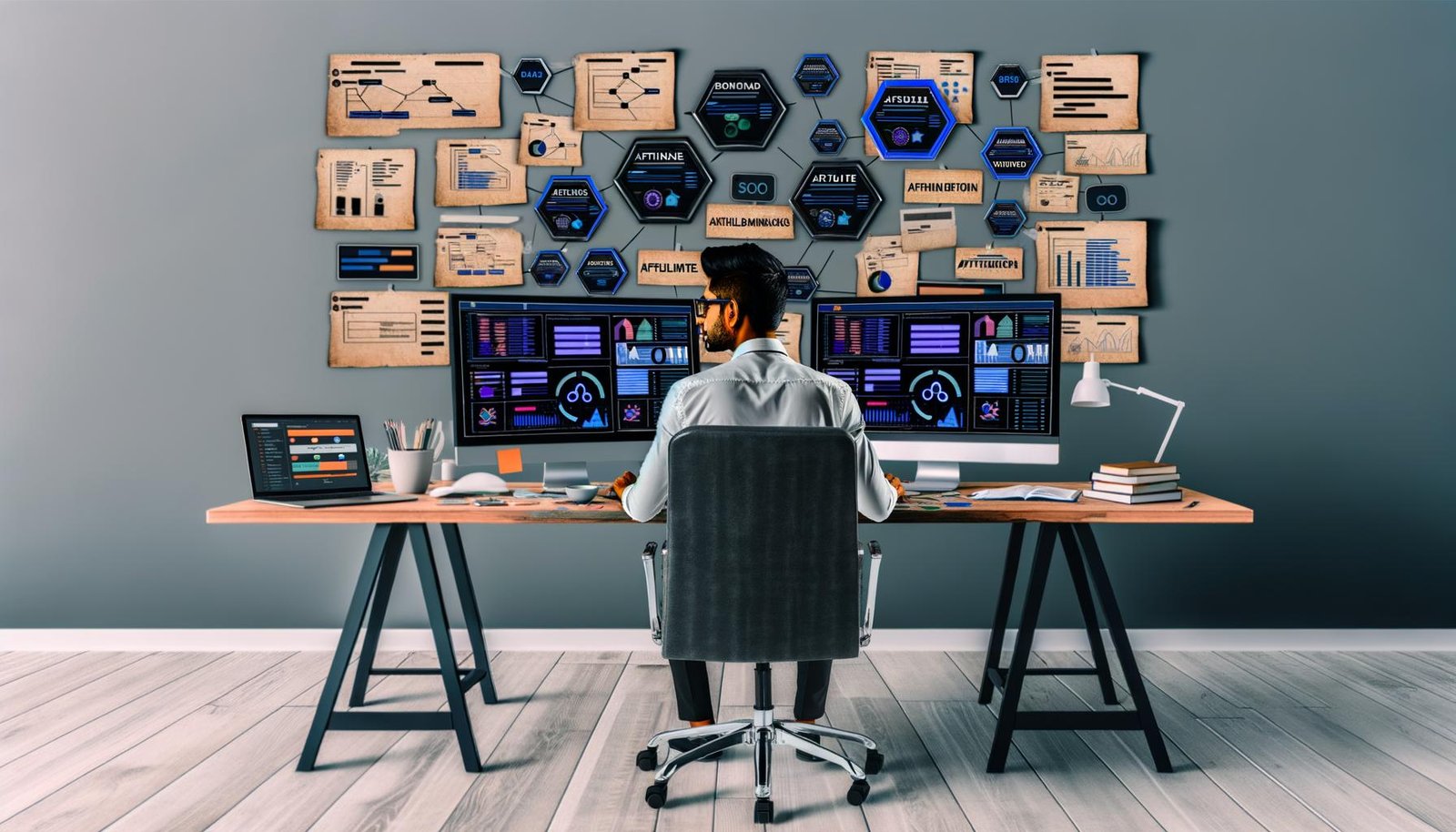 Moderner Schreibtisch mit konzentrierter Content-Creatorin, Doppelmonitoren voller Analysen, Sticky Notes und SEO-Büchern in einem zeitgemäßen Arbeitsumfeld