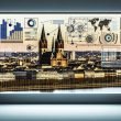 Digitales SEO-Dashboard vor Mainzer Skyline mit Technik- und Daten-Elementen, kombiniert mit traditionellen Gebäuden wie dem Dom und modernen Büros.