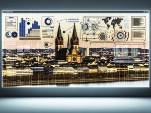 Digitales SEO-Dashboard vor Mainzer Skyline mit Technik- und Daten-Elementen, kombiniert mit traditionellen Gebäuden wie dem Dom und modernen Büros.