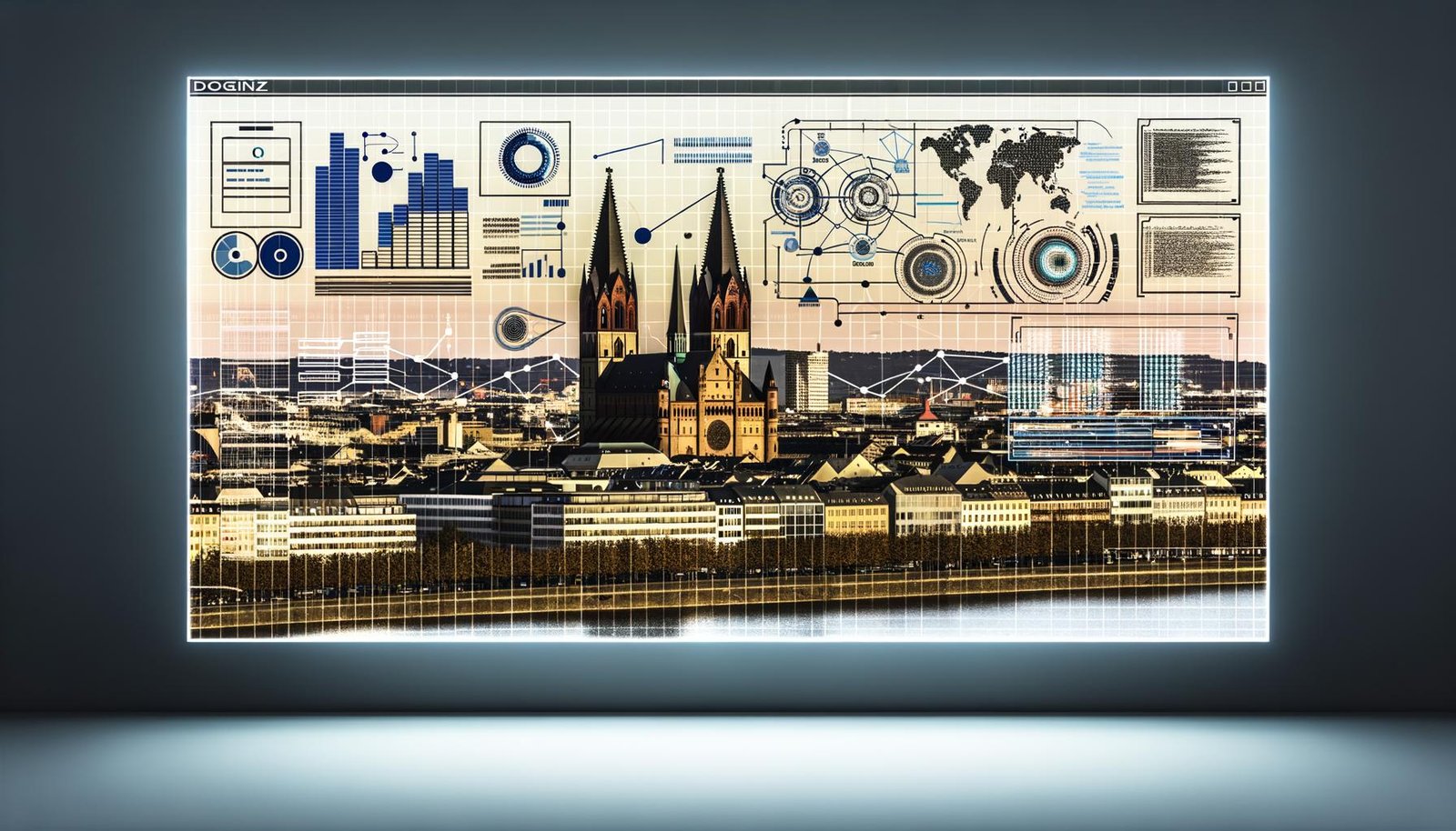 Digitales SEO-Dashboard vor Mainzer Skyline mit Technik- und Daten-Elementen, kombiniert mit traditionellen Gebäuden wie dem Dom und modernen Büros.