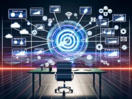 Dynamische Illustration eines Marketingexperten im futuristischen Büro mit transparenten Dashboards und vernetzten Datenquellen, die die Komplexität von Zielgruppendaten im Marketing hervorheben.