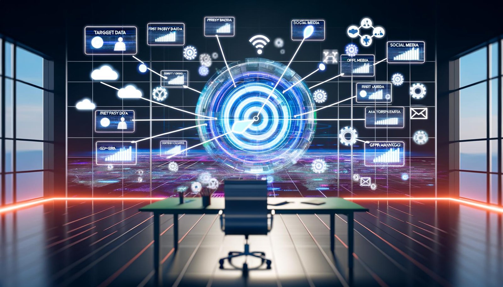 Dynamische Illustration eines Marketingexperten im futuristischen Büro mit transparenten Dashboards und vernetzten Datenquellen, die die Komplexität von Zielgruppendaten im Marketing hervorheben.
